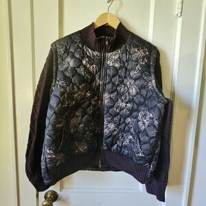 Current Air Floral Quilted Bomber Jacket - Knit Arms In Chocolate. Large